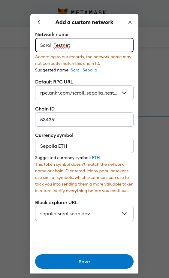 scroll testnet metamask